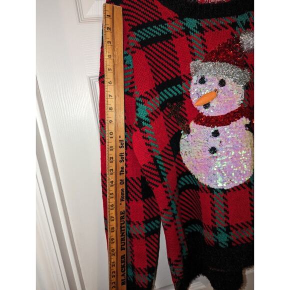 Womens Ugly Christmas Sweater 33 degrees Plaid Sequin Snowman Holiday Size Large - Picture 8 of 11